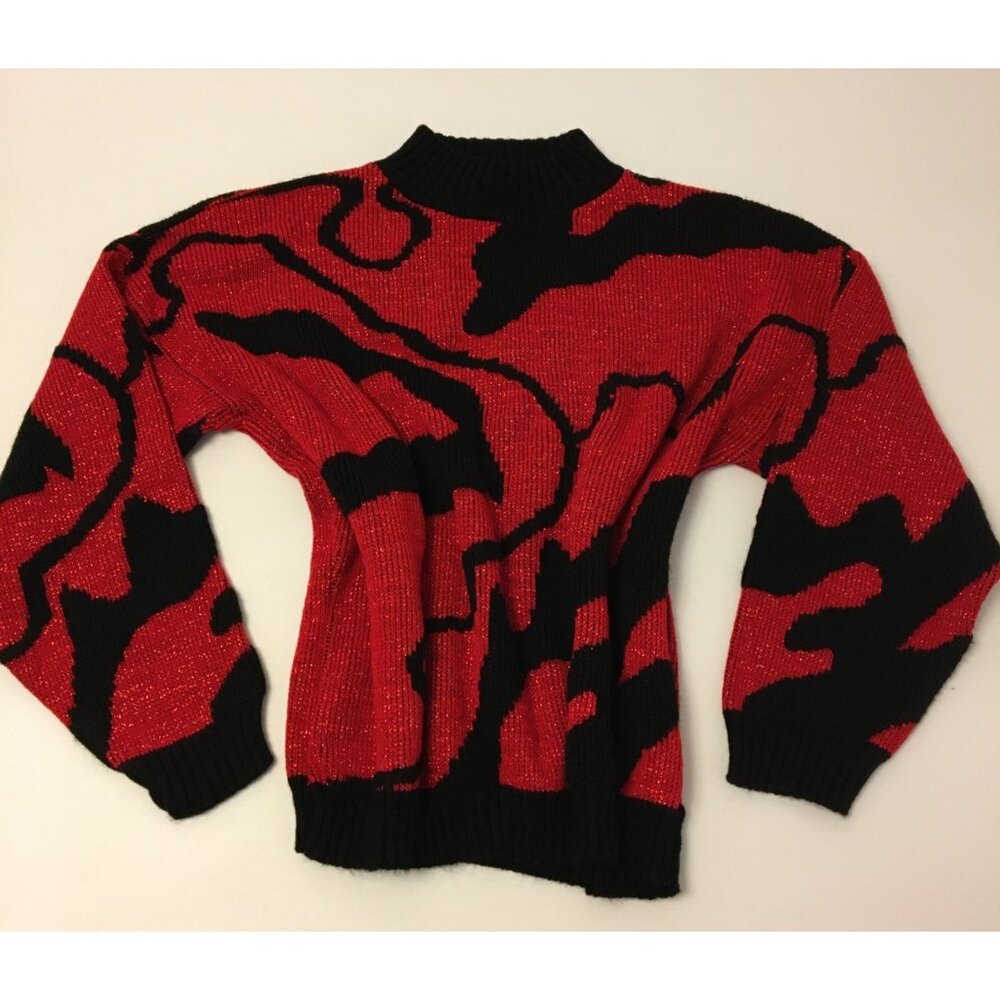 Vintage 80s 90s Geometric Sweater Sparkly Red Metallic And Black (T5)